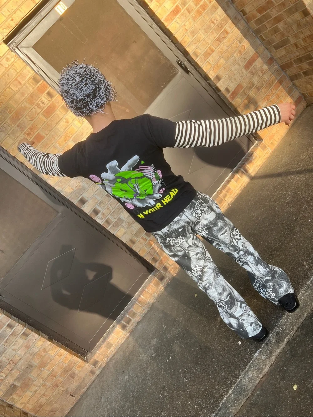 Graphic Face Print Wide Leg Pants - Black & White